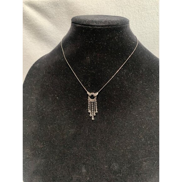 Monet Silver Necklace with Circular Pendant & Dangling Chains Crystals 16" - Picture 6 of 11